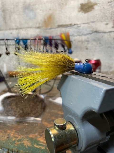 blue and yellow fishing jig