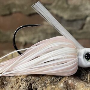 white and pink fishing swim jig