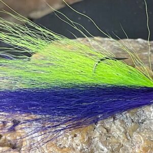 purple and chartreuse bucktail fishing lure